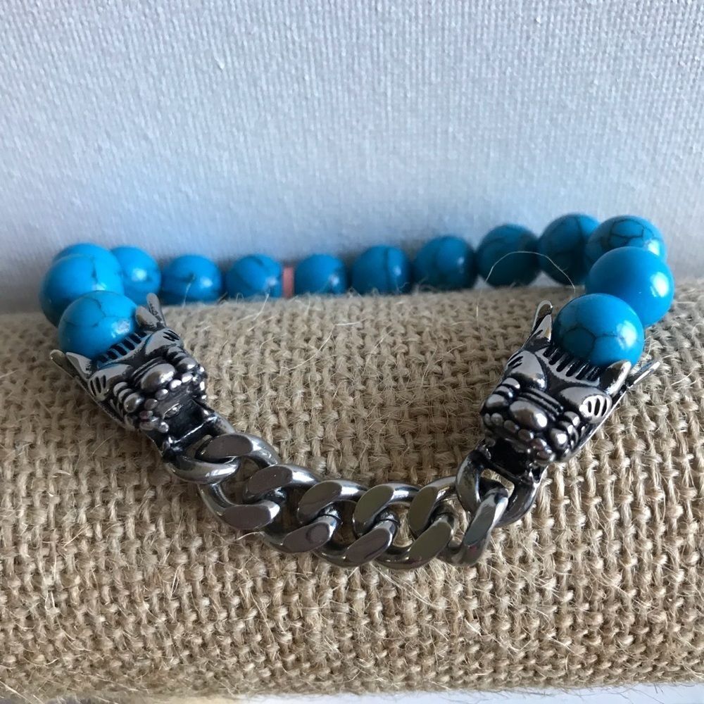 NWT Blue howlite beads stainless steel Dragon stretch mens bracelet streetwear